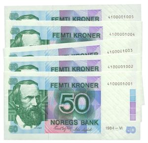 50 kroner 1984. 4100001001-005. (5 stk.)