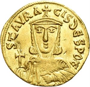 Nicephorus I 802-811, AV solidus, Constantinople (4,43 g). Crowned and draped facing bust of Nicephorus, holding cross potent and akakia/Crowned and draped facing bust of Stauracius, holding globus with cross and akakia. A few marks
