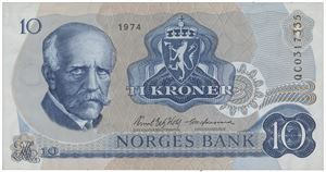 10 kroner 1974. QC0317335. Erstatningsseddel.