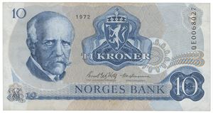 10 kroner 1972. QE0068027. Litt flekker på revers/some stains on reverse. Erstatningsseddel/replacement note