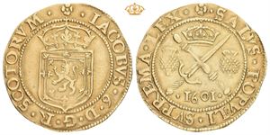 James VI (1567-1625). AV six pounds - Sword & Sceptre (30 mm; 5,00 g). Datert 1601. Edinburgh