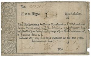 1 rigsbankdaler 7.januar 1814. No.803258A. Hull, rifter og skitten/holes, tears and dirty