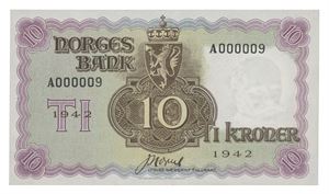 Norway. 10 kroner 1942. A000009. R