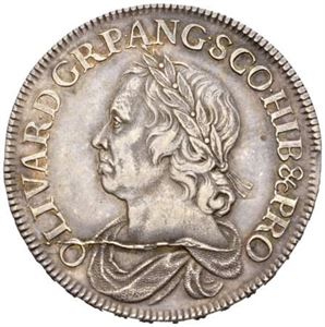 Oliver Cromwell, crown 1658. Mynten har den vanlige stempelsprekken nede på forsiden. Ex. Per Hansen