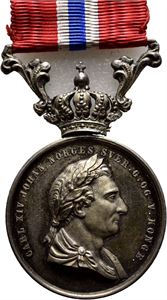 Carl XIV Johan. Medalje for Borgerdaad. Lundgren. Sølv med hempe og bånd. 27 mm