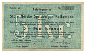 5 kroner 1941/42. Serie Æ. Nr.461. RR. Noe skitten/some dirt. Uten stempel