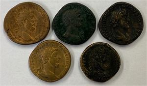 LOT #12. 5 AE sestertii. Hadrian (1), Antoninus Pius (1), Marcus Aurelius (2) and Septimius Severus (1). Some coins stripped for patina. Some with light smoothing. Total of 5 coins in lot.