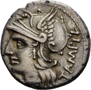 M. Baebius Q. F. Tampilus 137 f.Kr., denarius. Hode av Roma mot venstre/Apollo i quadriga mot høyre