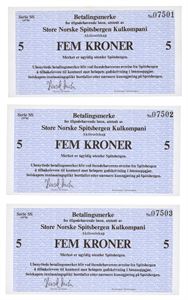 5 kroner 1978. Serie SS. Nr.07501-03. (3 stk.). Uten kontorsjefens underskrift