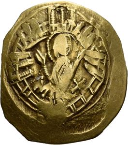 Andronicus II & Michael IX 1295-1320, hyperpyron, Constantinople 1295-1302. (4,02 g). Jomfruen sitende innenfor bymur/Michael og Andronicus knelende Kristus stående i midten