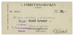 A/S Forretningsbanken, Namsos, 50 kroner 18. april 1940. No.00013
