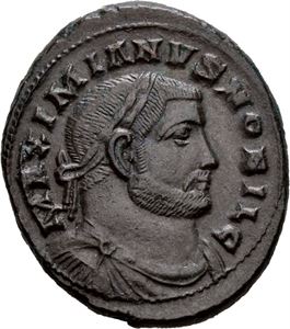 Galerius 305-311, Æ follis, London, ca.303 e.Kr. R: Genius stående mot venstre