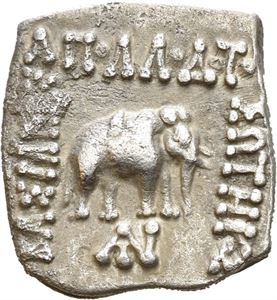 BAKTRIA, Greco-Baktrian Kingdom. Apollodotos I Soter (circa 174-165 BC). Uncertain mint, Indian standard. AR square drachm (2,37 g). ??S???OS ??????????? SO????S, Elephant standing right, monogram below / 'Maharajasa Apaladatasa tradarasa' (in Karoshti), Bull standing right, monogram below. Some deposits of horn silver. Lightly toned.