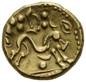 Ambiani, ca. 50 f.Kr., stater (6,24 g). Blank/Hest mot høyre. Ex. Oslo Mynthandel a/s nr.59 18/11-2007 nr.1309