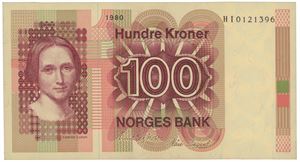 100 kroner 1980. HI0121396. Erstatningsseddel/replacement note