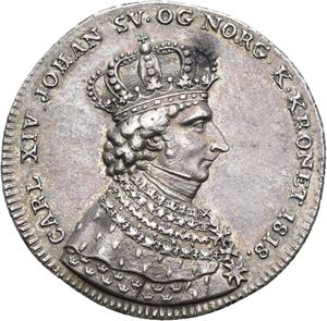 Carl XIV Johan, kastemynt til kroningen 1818. Middelthun. Sølv. 30 mm