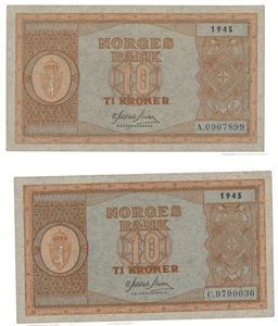 Lott 2 stk. 10 kroner 1945 A og 1945 C