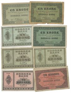 Lott 2 kr 1918 og 1948 F, samt 6 stk. 1 krone 1917/48, alle ulike