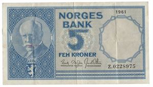 5 kroner 1961. Z0228975. R. Erstatningsseddel/replacement note