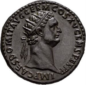 Domitian 81-96, Æ dupondius, Roma 90-91 e.Kr. R: Virtus stående mot høyre