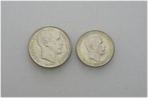 Lot 2 stk. 1 krone 1916 og 50 øre 1919