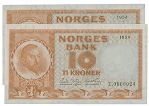 10 kroner 1954 E.0068024-25. 2 stk. i nummerrekkefølge.
