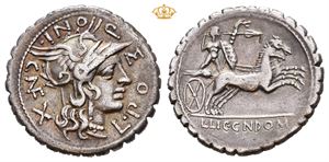 L. Pomponius, Cn. Domitius and L. Licinius. 118 BC. AR serrate denarius (3,82 g; 20 mm)