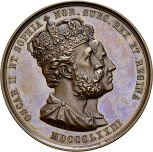 Oscar II. Erindringsmedalje fra kong Oscar II og dronning Sophies kroning 1873. Kullrich/Weigand. Bronse. 42 mm