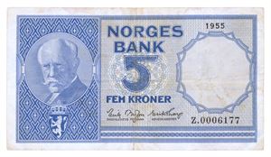 5 kroner 1955. Z0006177. Erstatningsseddel/replacement note. R.