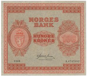 100 kroner 1945 A 4747682.  Noen kantanmerkninger.