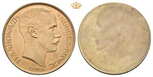 Norway. 1 krone 1908, myntmerke på plate. Ensidig prøveavslag i bronse/one-sided pattern in bronze. UNIK/UNIQUE