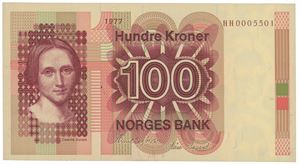 100 kroner 1977. HH0005501. Erstatningsseddel/replacement note