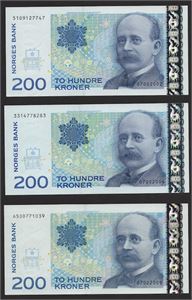 Lot 3 stk. 200 kroner 2002, 2006 og 2009