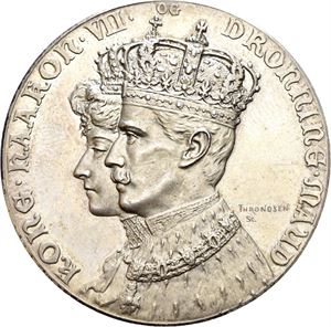 Kong Haakon VII og dronning Maud. Kroningen 1906. Sølv. 40 mm