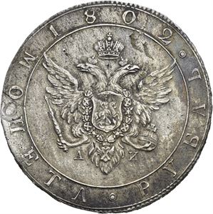 Alexander I, rubel 1802. Banking Mint. Har vært anhengt, riper/has been mounted, scratches