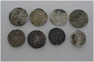 Lot 8 stk. 2 skilling 1676, 1690 (2), 1 skilling 1650, 1656, 1657, 16?? og 1675