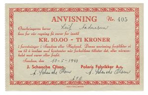 Polaris Fabrikker a/s, 10 kroner 10/5-1940. Nr.405
