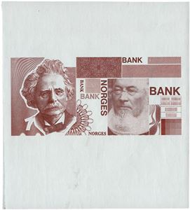 Norges Bank. Brunt trykk på lyseblått papir, portrett av Grieg