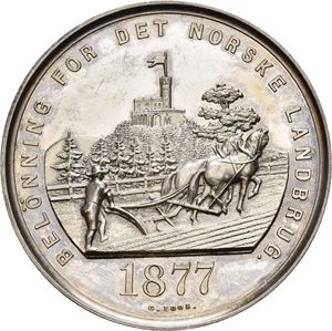 Oscar II. Landbruksutstillingen i Christiania 1877. Prismedalje. Berliner Medaillen-Münze. Sølv. 41 mm
