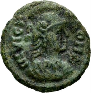 Athalaric 526-534, Æ 1/4 follis, Ravenna. Byste av Roma mot høyre/Tekst innenfor krans