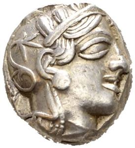 ATTICA, Athen 449-413 f.Kt., tetradrachme (17,14 g). Hode av Athene mot høyre/Ugle stående mot høyre