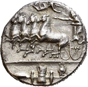 SICILY, Syracuse. 405-400 BC. AR dekadrachm (43,21 g). Unsigned dies in the style of Euainetos. Struck under Dionysios I. Fast quadriga driving left, driver crowned by Nike flying right, above; Cuirass, shield, greaves and helmet in exergue / &Sigma;YPAKO&Sigma;I&Omega;N, Head of Arethousa left, wreathed with reeds; schallop shell to right behind neck; four dolphins around. A spectacular coin of fine style. Lightly toned. Some edge marks and with minor die rust.