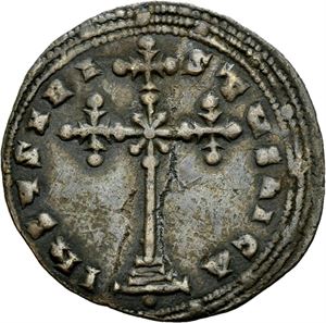 Constantin VII Porfyrogenitus 913-959, milaresion, Constantinople 945-959 e.Kr. Kors på tre trinn/Skrift i 5 linjer. Blankettfeil/planchet flaw