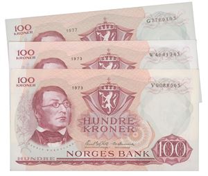 Lott 3 stk. 100 kroner 1973 V, 1973 W og 1977 G.