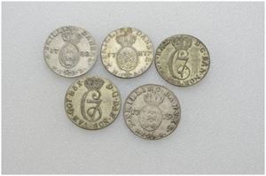 Lot 5 stk. 2 skilling 1779, 1780, 1786, 1787 og 1788.