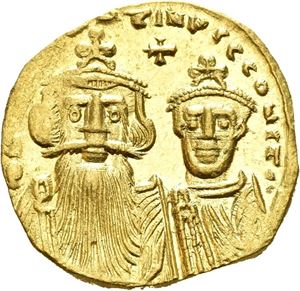 Constans II with Constantine IV. AD 641-668. AV solidus, Constantinople AD 654-659, (4,35 g). dN CONSTANT]INVS C CONSTA, Crowned and bearded bust of Constans to left, beardless bust of Constantine to right, both facing and wearing chlamys; cross between their heads / VICTORIA AVG? I, Large cross standing on three steps; CONOB in exergue. Lustrous.