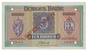 5 kroner London 1944. 000000. Specimen