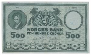 Norway. 500 kroner 1961. A1149714. Blekkskrift på revers/ink writing on reverse