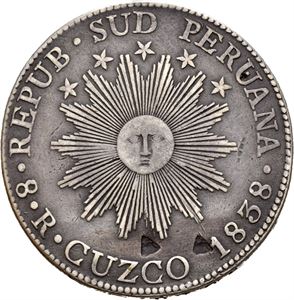 Syd Peru, 8 reales 1838 MS. Testmerker/test marks