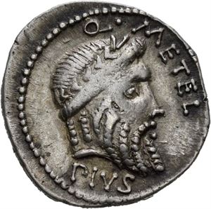 Q. Metellius Scipio 47-46 f.Kr., denarius. Hode av Jupiter mot høyre/Elefant gående mot høyre